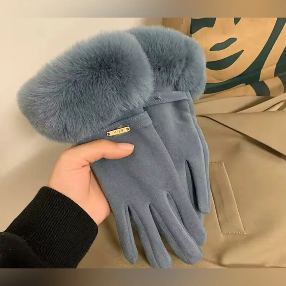 NEW Retail $98 Faux Mink Fluffy Fur-Trimmed Gloves